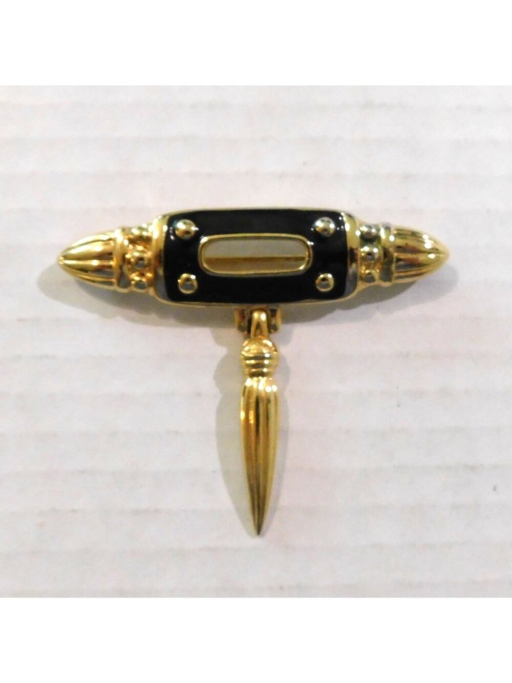 Premier Designs Vintage Signed Pin Gold Plated Black Enamel Hanging Charm Brooch - Picture 8 of 9